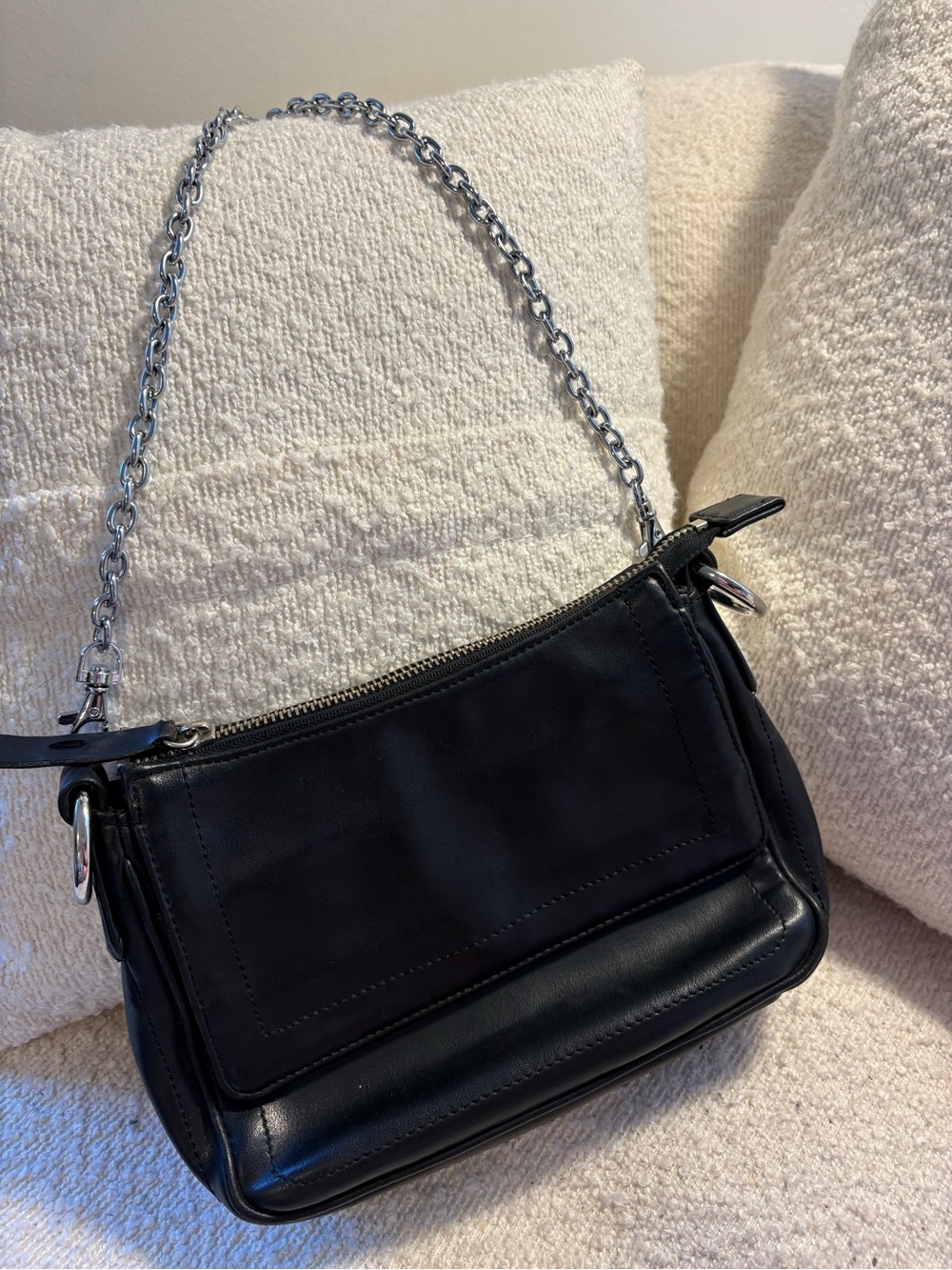 Nine West Classic Black Leather Shoulder Bag with Silver Chain Strap